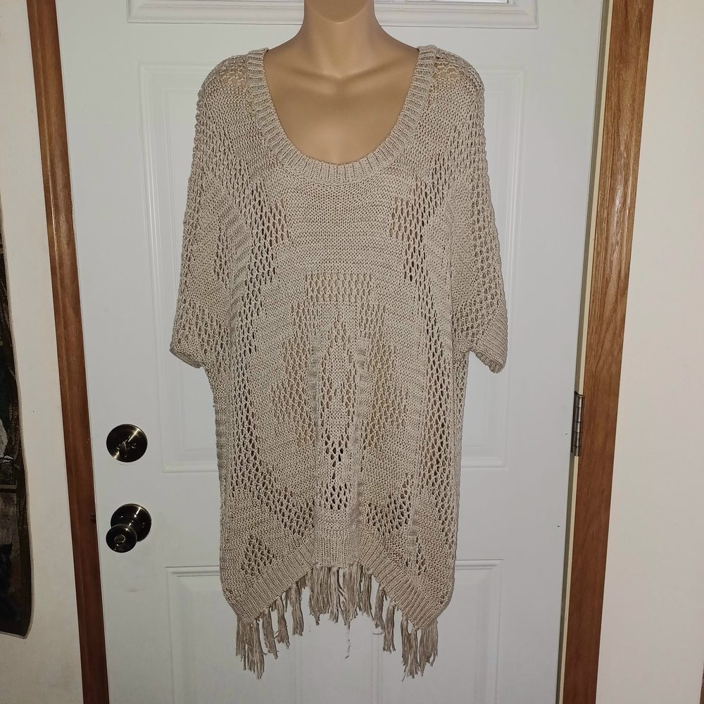 Tan Fringed Loose Knit Layering Light Academia S/S Sweater Women 1-2XL Hippie